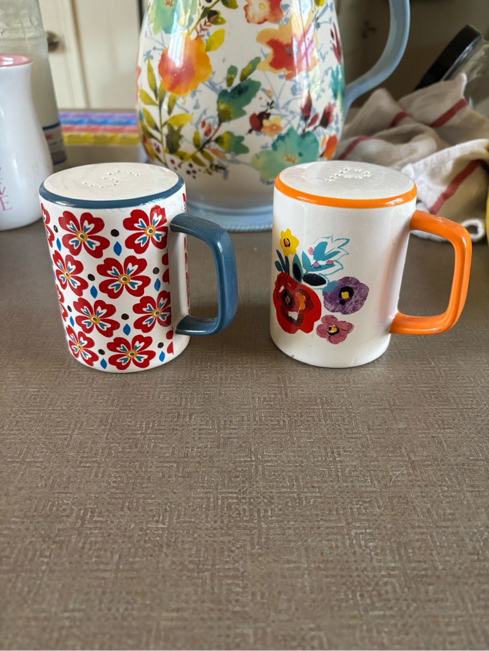 The Pioneer Woman Floral Ceramic Salt & Pepper Shakers - Blue & Orange Handles